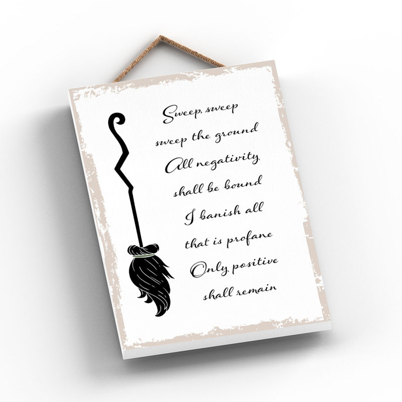 Witch Sweep Sweep Wooden Plaque, White, 18.5cm H x 12cm W x 0.9cm D
