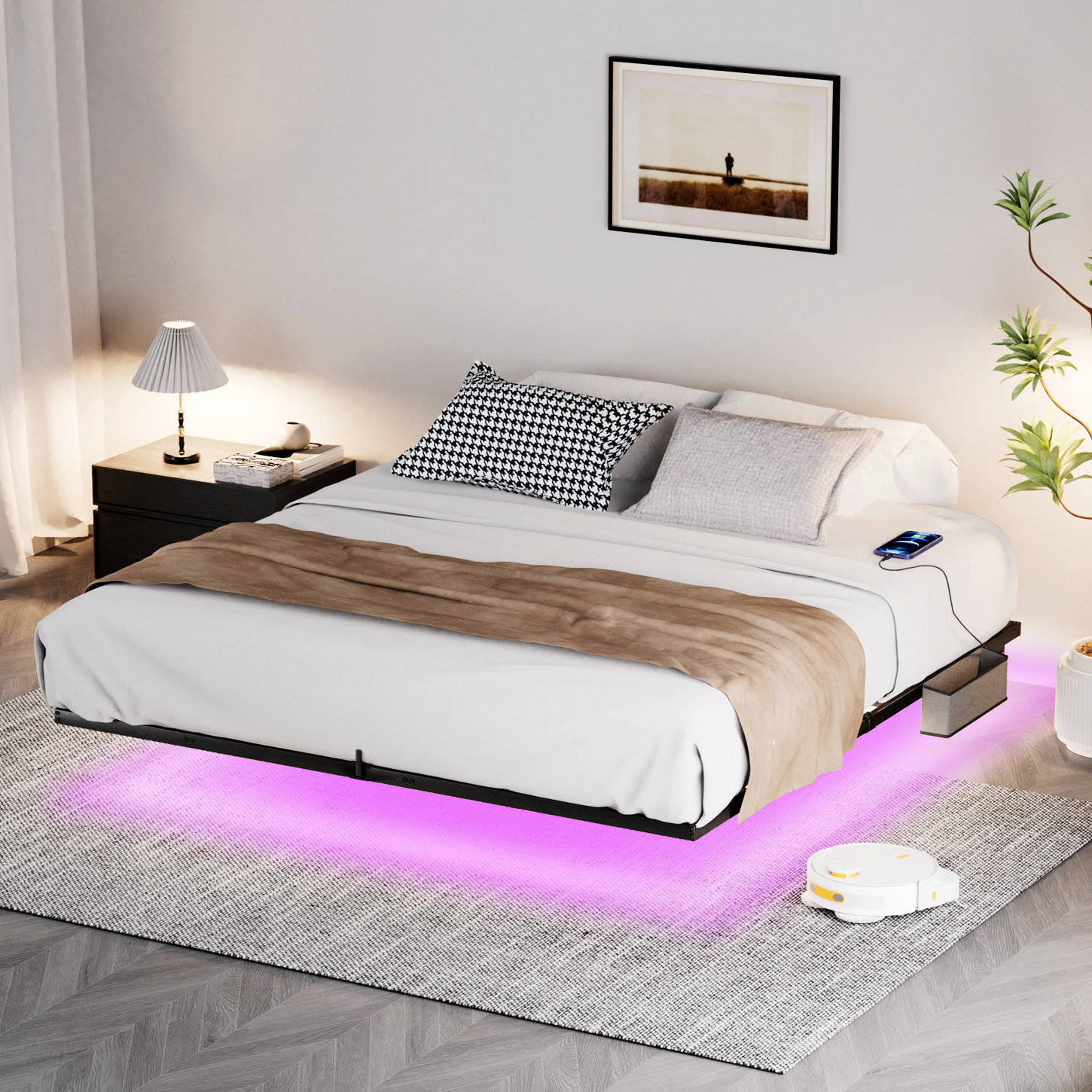 Wrought Studio™ Floating Bed Frame King Size With Led Lights And