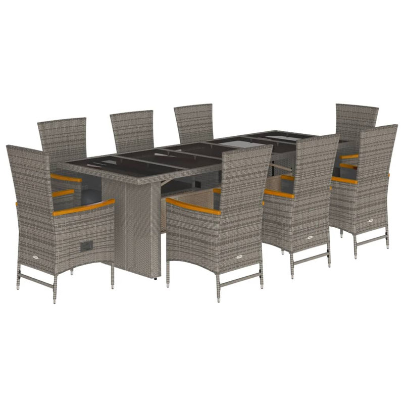 9 Piece Garden Dining Set with Cushions Poly Rattan, Tempered Glass, Grey