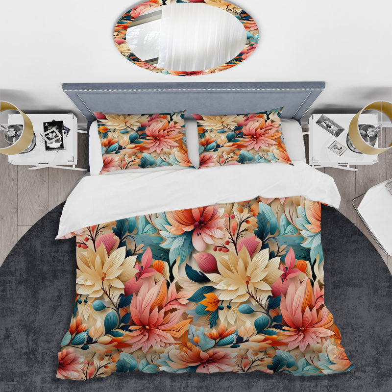 Ensemble de housse de couette éclectique beige et rose Poppies Expression II