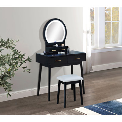 3Pc Vanity Table And Stool Set Built-In Led-Lit Mirror Matching Cushioned Stool Gold-Accented Handles Wooden Home Furniture