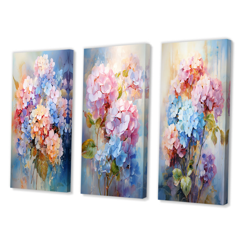 «Delicate Hydrangea Bouquet Tender Pastel», 3 pièces, H 40 po x l 60 po, Toile tendue