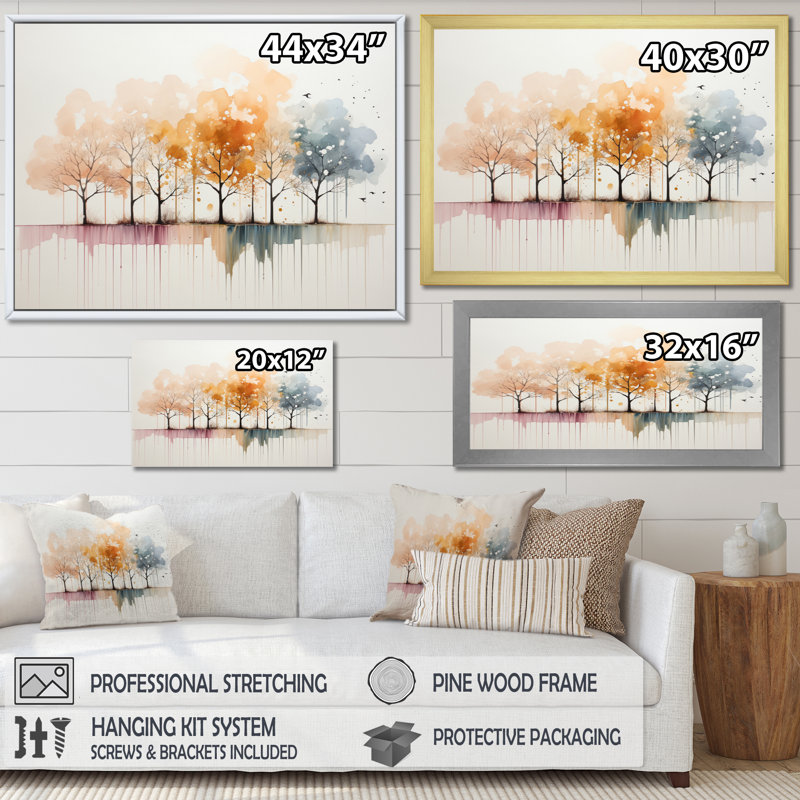 «Minimalisme, arbre jaune solitude II», art mural encadré, Cadre flottant doré, H 24 po x l 32 po x P 1 po