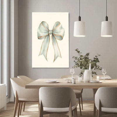 2D Flat, 1Pc Framed St. Patrick's Day & Easter Canvas Wall Art, Light blue ribbon bow, gold edge, watercolor hand-painted style Art Print Canvas Poster Painting Winter Home Wall Decor, Ideal Gift, Ready To Hang