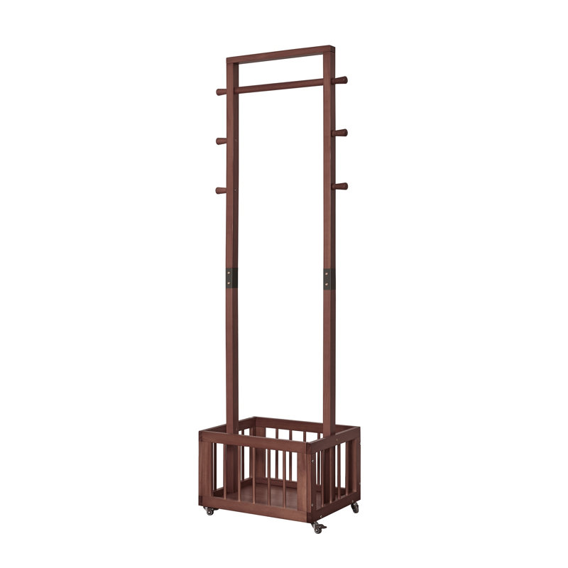 Solid Pine Freestanding Coat Rack with Rolling Wheels and Storage Basket, Walnut Finish Garment Stand with Side Hooks for Entryway and Bedroom