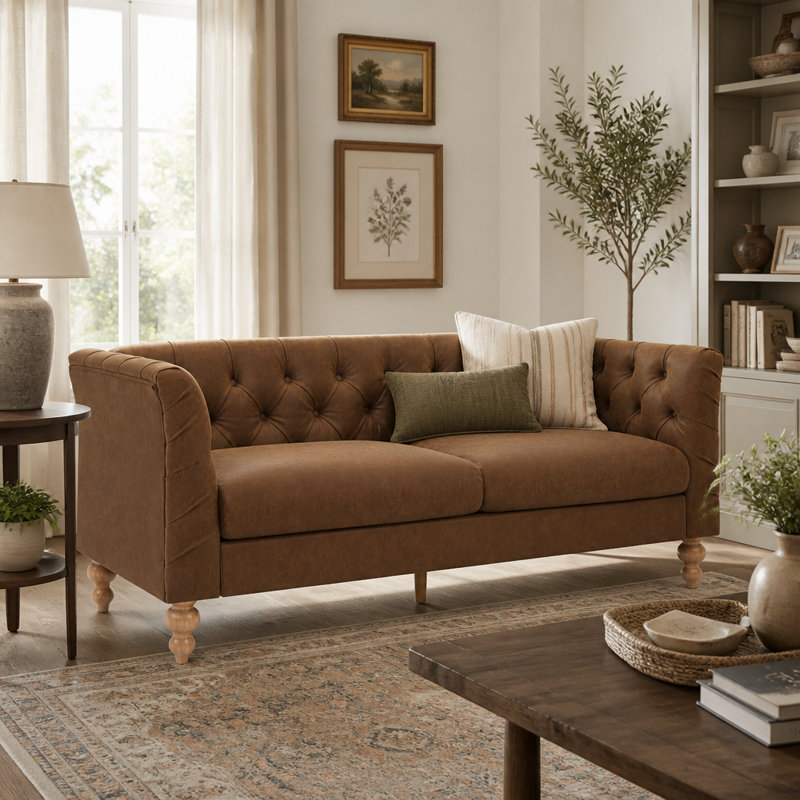 Canapé de 73,5 po Chesterfield, Similicuir brun