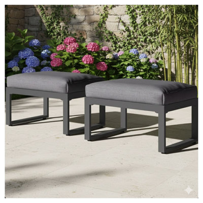Ensemble de 2 repose-pieds de patio en aluminium toutes saisons, repose-pieds de 26 po avec coussins épais en polyester gris, structure noire