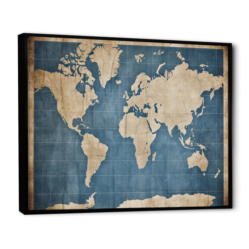 Ancienne carte du monde IV sur toile, H 24 po x l 32 po x P 1 po, Cadre flottant noir
