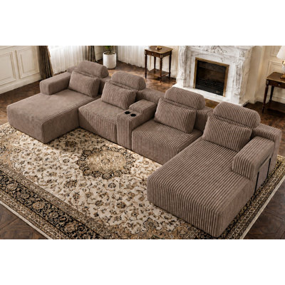 Modern Coffee Velvet L-Shaped Sectional Sofa - 4-Piece Living Room Set with Chaise Lounge & Cup Holders - 145.7"/370cm Extra Large Modular Sofa for Home Theater, Family Room, Luxury Living Spaces
