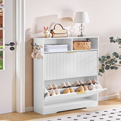 16 pairs Shoe Storage Cabinet with 2 Storage Compartments and 2 Hooks Shoe Organizer