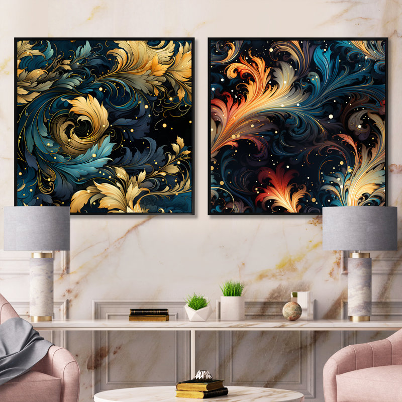 Daetyn - Ensemble de 2 collages carrés botaniques abstraits, Cadre flottant noir, H 16 po x l 33 po