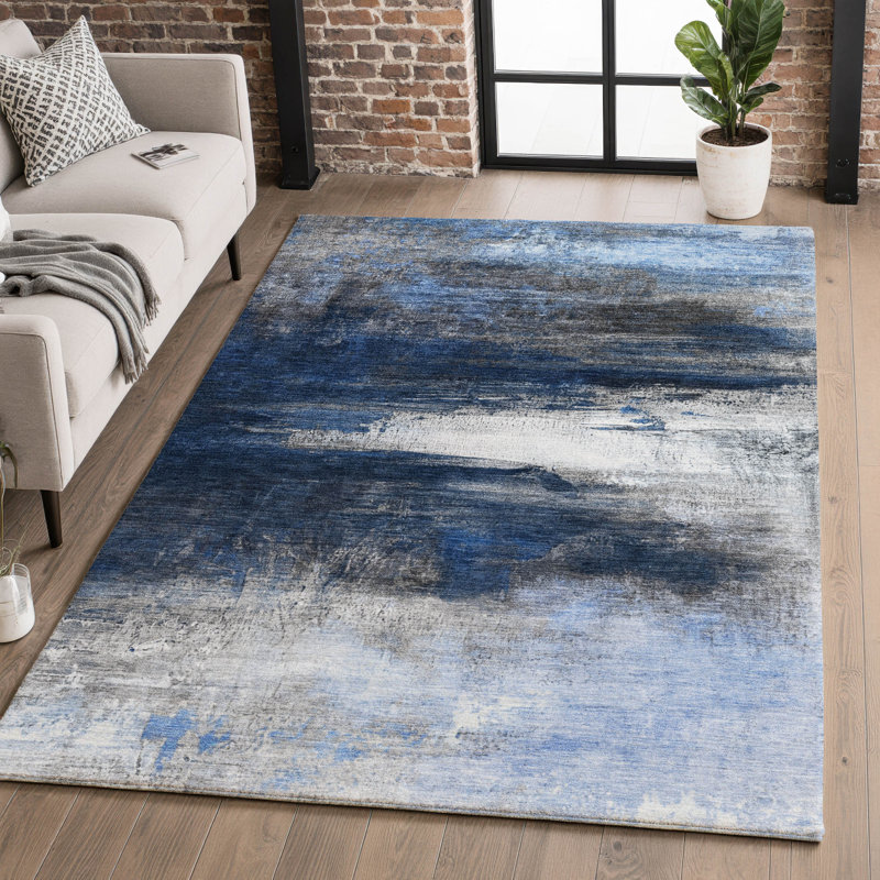 Tapis abstrait lavable à la machine de qualité supérieure Mayfield, Marine, 10 pi x 14 pi