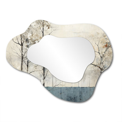 Beige Minimalism Calm River Forest I - Beige Asymmetrical Mirror, Traditional Freeform Unique Wall Mirror, Printed Metal Art