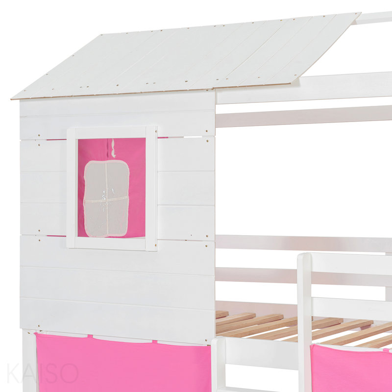 Lit simple superposé en bois avec tente, rose et blanc, Twin, Pink