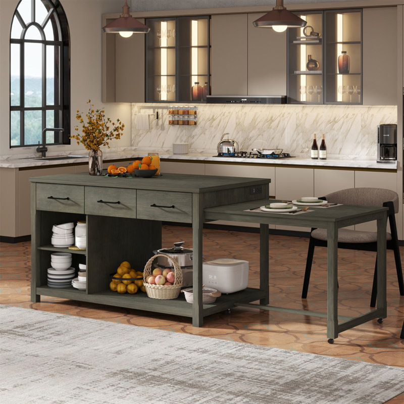 Îlot de cuisine extensible avec rangement, chariot de cuisine multifonctionnel avec prises de courant intégrées, îlot de cuisine rétro sur roulettes avec tiroirs et tablettes ouvertes pour la cuisine