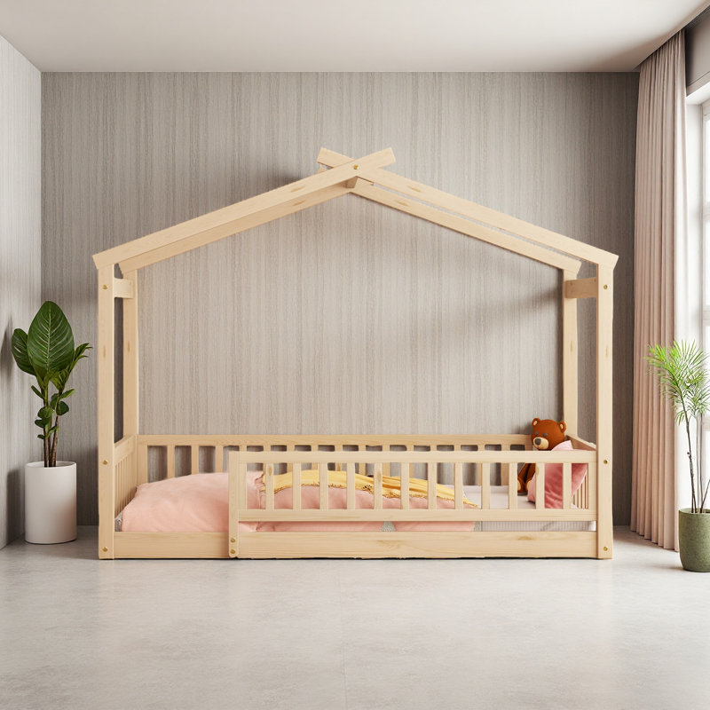 Wood Bed House Bed Frame With Fence, Natural, Twin