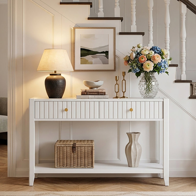 Console Modern Water Ripple avec 2 tiroirs et tablette de rangement inférieure - Canapé d'appoint étroit en bois, White