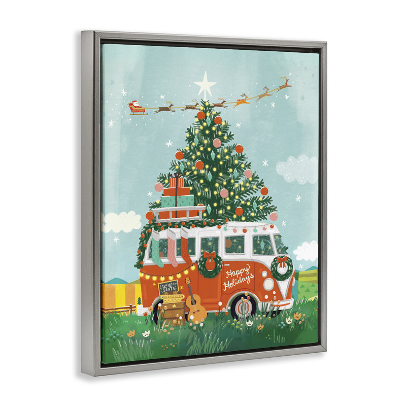 «Christmas Van Hangout», art mural sur toile par Irene Chan, H 25 po x l 31 po, Cadre flottant gris lustré