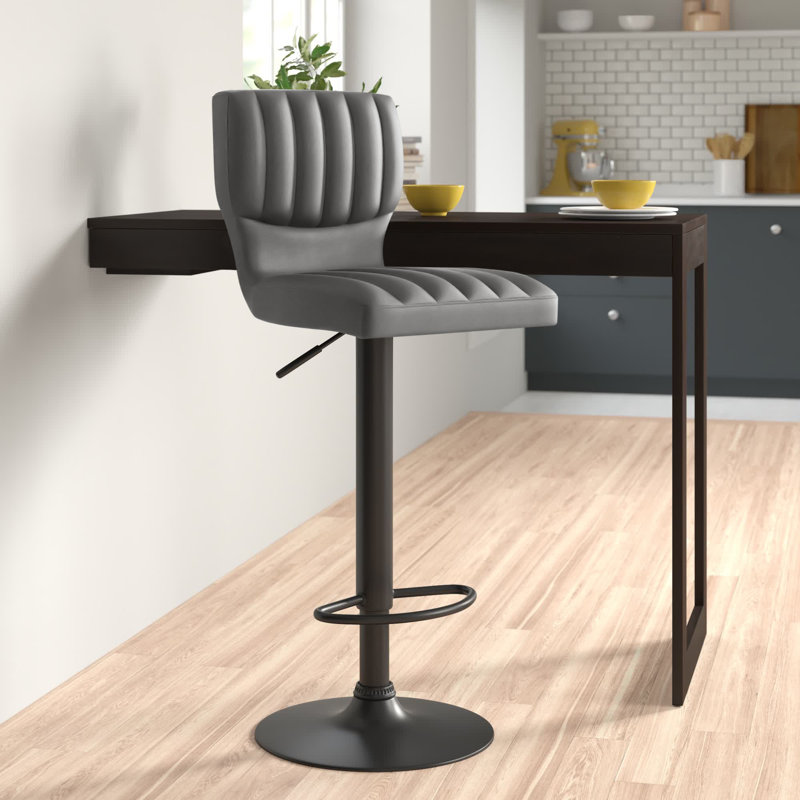 Modern Swivel Adjustable Height Bar Stool in Faux Leather, Metal, Plywood, Gray