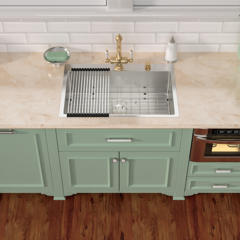 33" L x 22" W Drop-In Single Bowl Stainless Steel Kitchen Sink with Basket Strainer and Sink Grid, 33" L x 22" W
