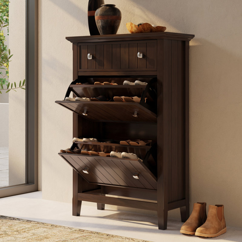Acadian 32 inch Wide Transitional Entryway Shoe Storage Cabinet in Brunette Brown