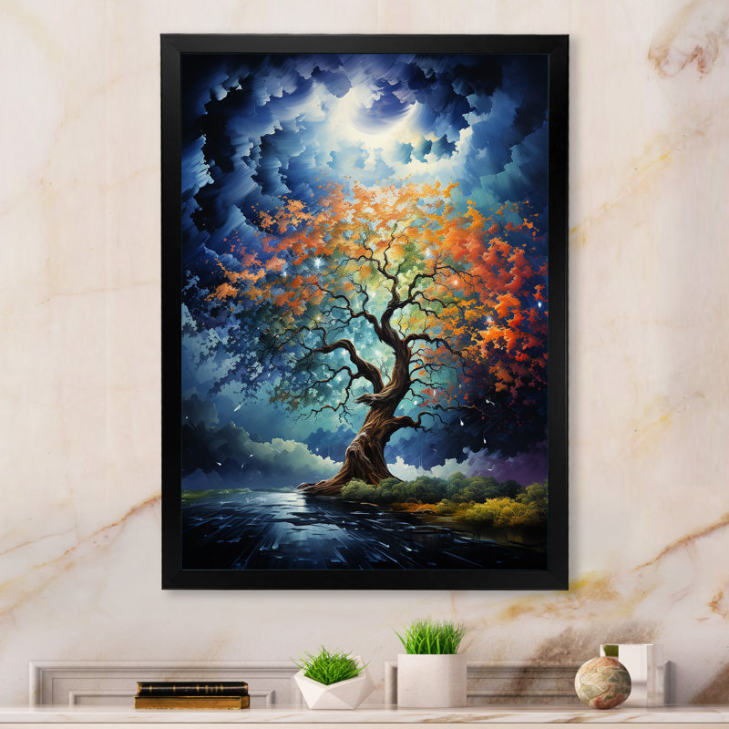 Chêne bleu, rouge, chêne, symphonie I - art mural floral et botanique, salon, H 40 po x l 30 po x P 1,5 po, Cadre photo noir