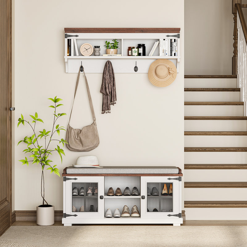 39.76" Wide Hall Tree With Bench And Shoe Storage, Entryway Bench With Soft Seat Cushion, Wall Mount Coat Rack Shoe Bench Set For Hallway