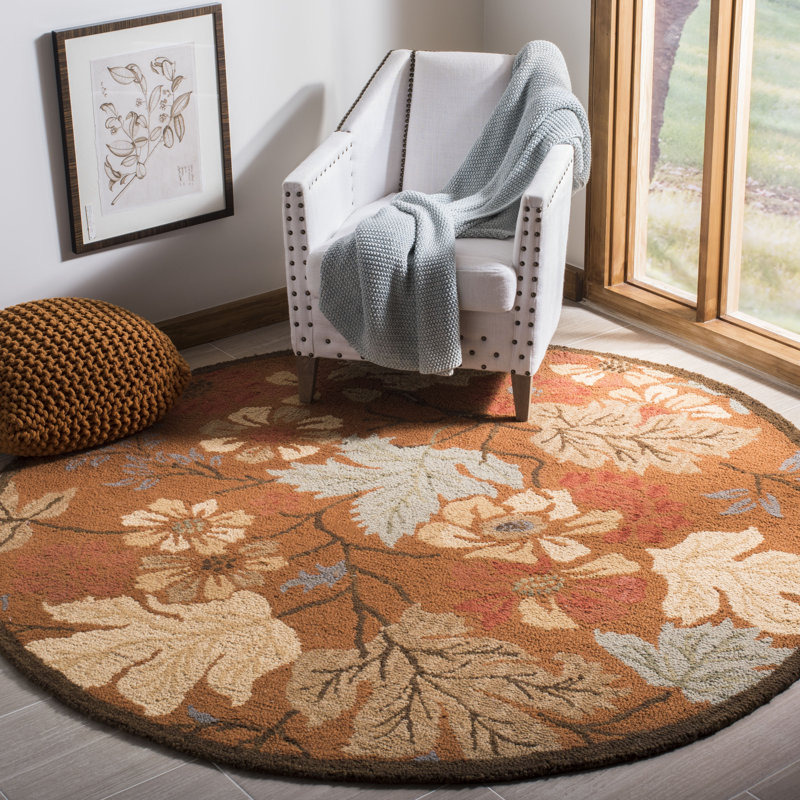 Emrick Hand Hooked Wool/Cotton/Latex Floral Rug in Orange, Round 6'