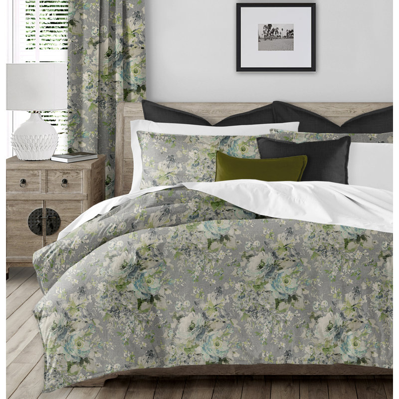 Faye Comforter Set, Queen Comforter + 2 Shams, White/Gray/Green Floral