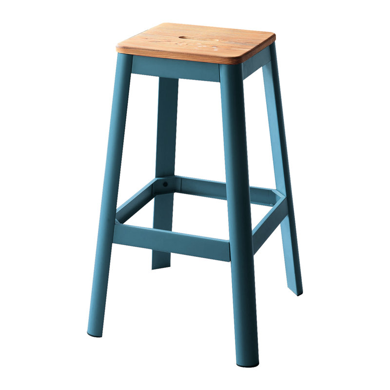 Tabouret de bar carré à finition sarcelle avec siège en pin massif naturel, pieds tubulaires en métal, largeur de produit de 18 po et profondeur de siège sans dossier de 13 po, hauteur de 30 po