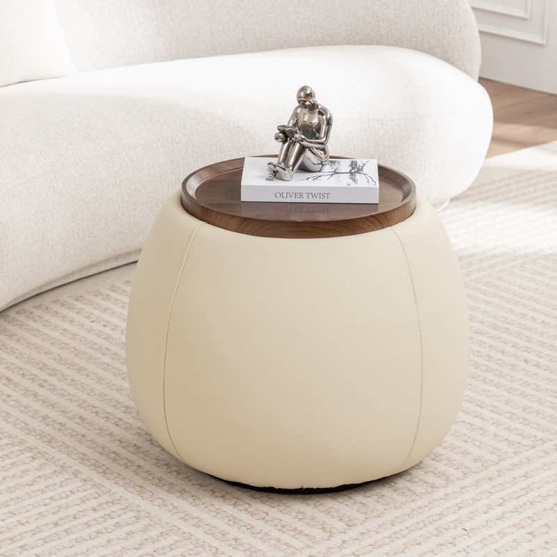Pietsch Upholstered Round Storage Ottoman With Wooden Tray, Cream