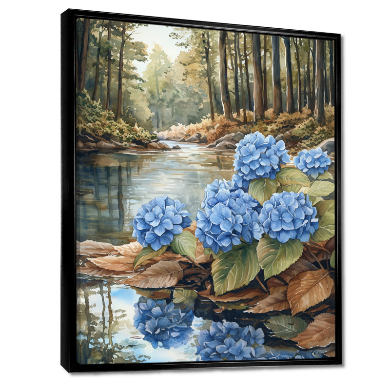 Hydrangées par la rivière Forest II - hydrangées, art mural, Noir, Reproduction avec cadre flottant, H 20 po x l 12 po