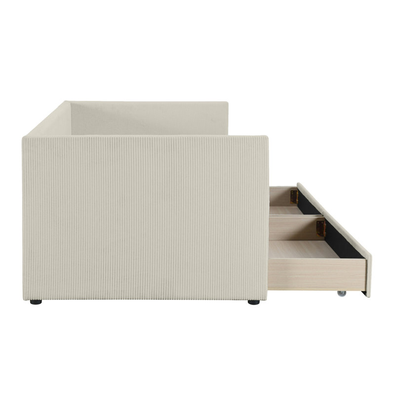 Twin Size Corduroy Daybed with Two Drawers and Wood Slat, Beige