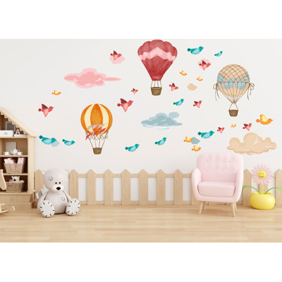 Décoration murale oiseaux et nuages en montgolfière, décalcomanie d'oiseaux chambre d'enfant, aquarelle autocollants oiseaux, autocollant mural montgolfière, décalcomanie de nuages, décorations pour chambre d'enfant