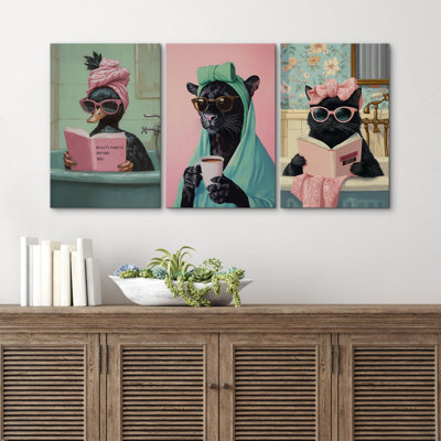 Bright Preppy Bathroom Animal Wall Decor, Modern Pink Green Girl's Room Pictures, Giclee Canvas Digital Print  Wall Art