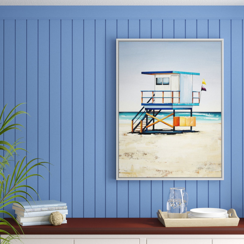« lifeguard on duty i », peinture sur toile, H 41,7 po x l 31,7 po x p 1,75 po, Cadre flottant blanc