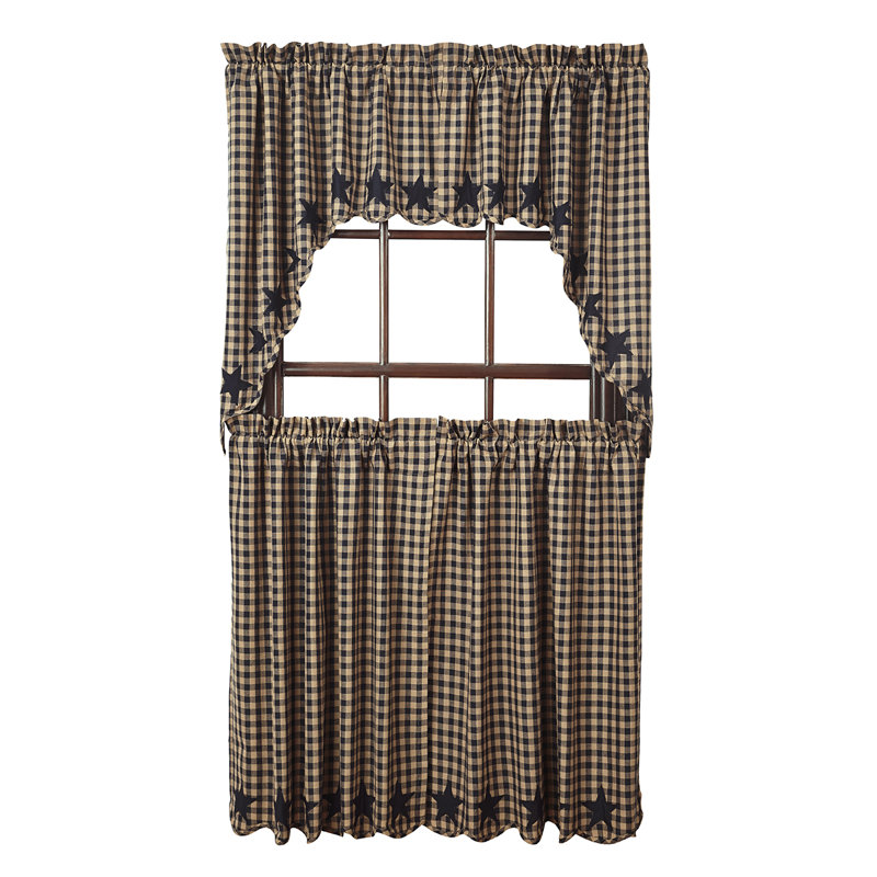 Navy Star Checkered Cotton 72'' W Window Valance, Black