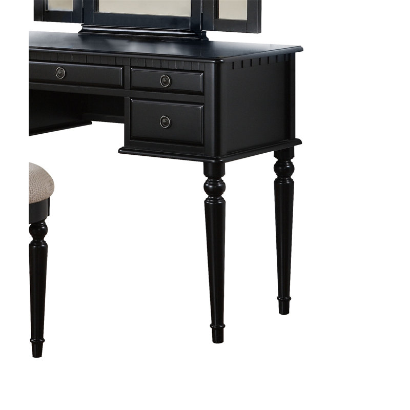 Bedroom Contemporary Vanity Set W Foldable Mirror Stool Drawers  Color, Black