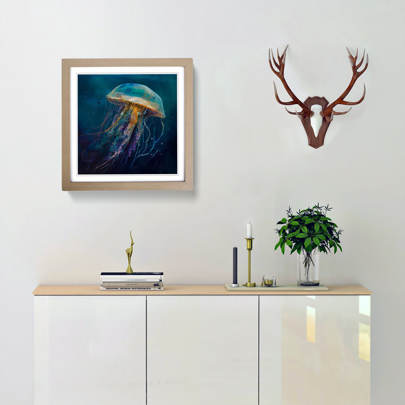 Jellyfish Palette Knife Painting - Single Picture Frame Print on Wood, Oak