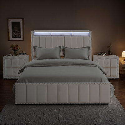 3-pieces Bedroom Sets, Upholstered Bed Frame With Charging Station & Led Light  And Two Nightstands by Wrought Studio