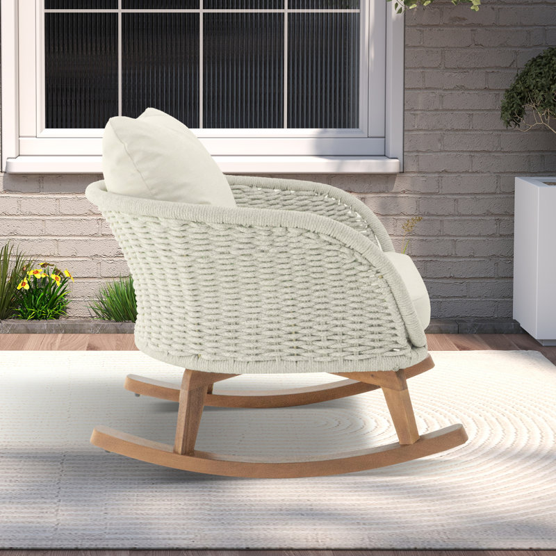 Pillow Back Woven Arm Accent Rocking Chair With Solid Wood Legs, Beige, Beige