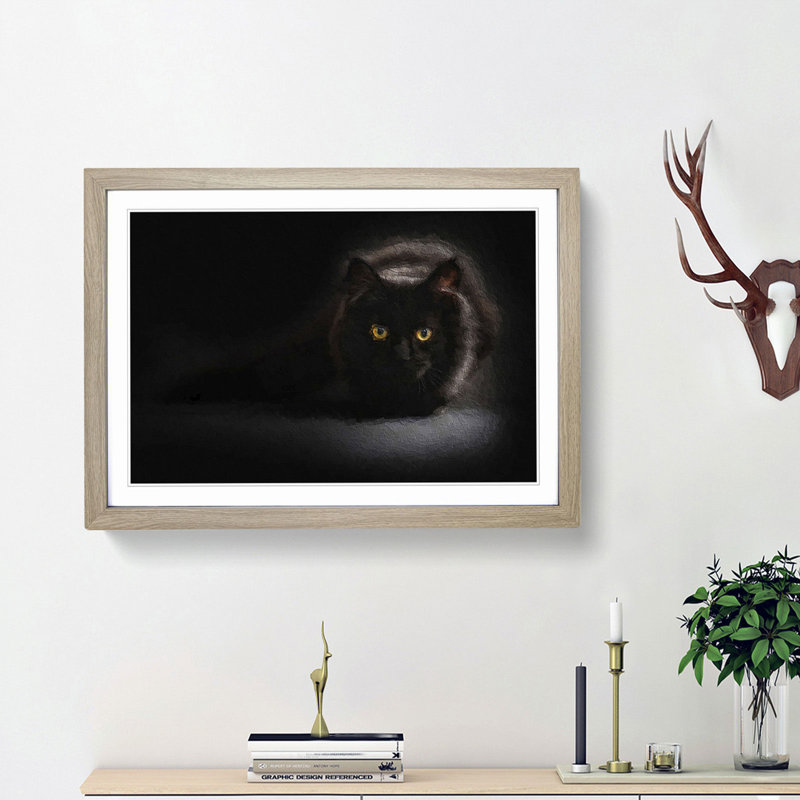 Black Cat with Yellow Eyes - Picture Frame Art Print, 27cm H x 36cm W x 2cm D, Oak Framed
