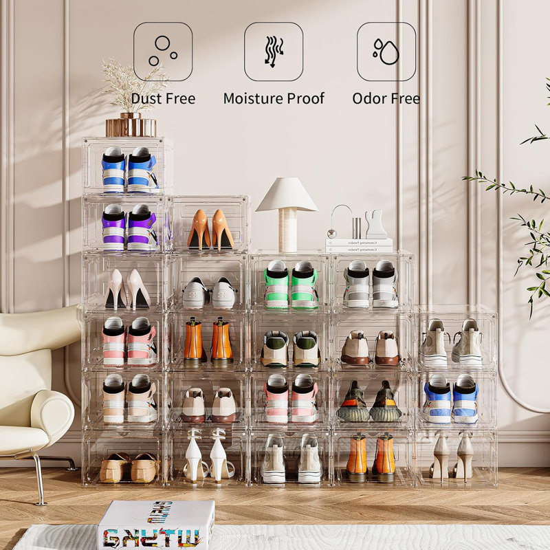 Upgraded Thickened Sturdy Large Shoe Boxes Clear Plastic Stackable 9 Pack Shoe Storage Organizer For Closet/Entryway, Drop Front Shoe Box With Magnetic Door, Shoe Display Case, Fit Up To US Size 14