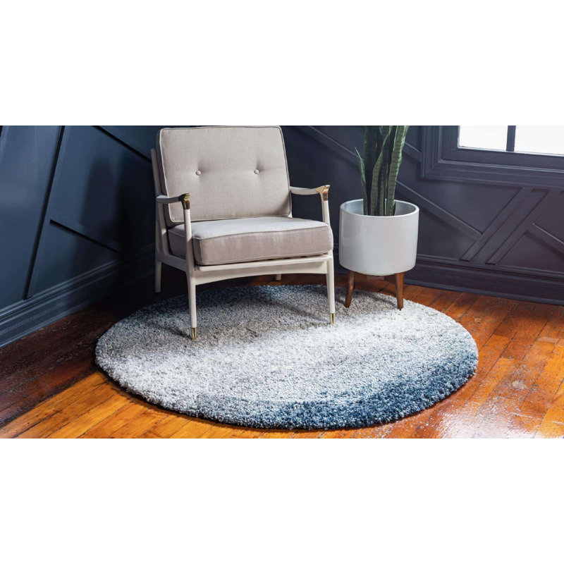 Tapis bleu à rayures Mitzy, Rond 3 pi 3 po