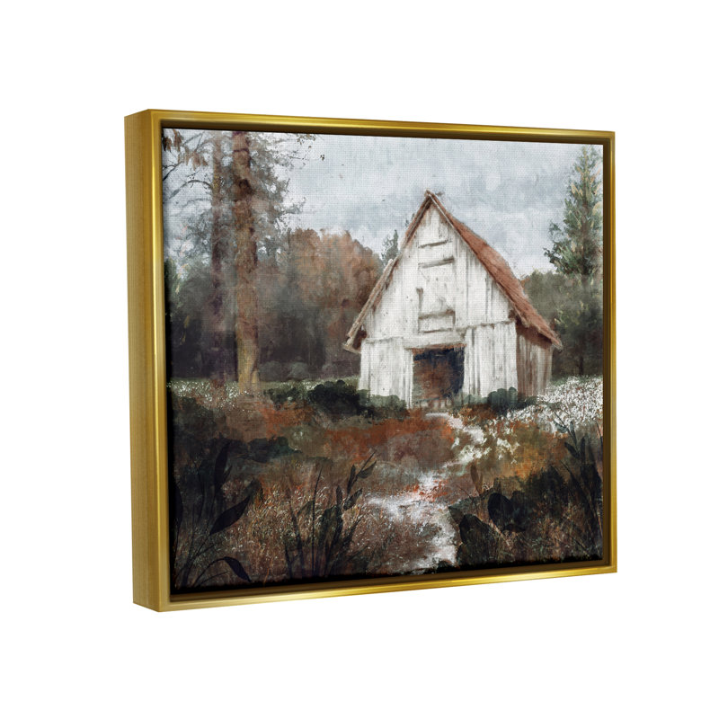 «Quiet Woodland Cabin Landscape» par Nina Blue, H 17 po x l 21 po x P 1,7 po, Cadre flottant métallique doré