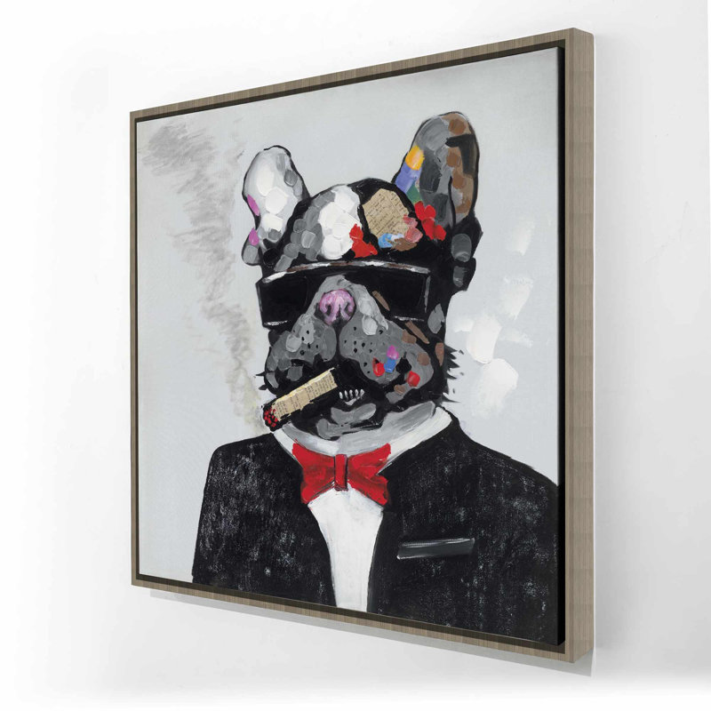 Bulldog qui fume sur toile - Cadre gris, décoration de maison