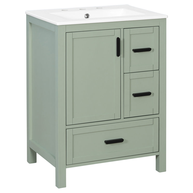 Meuble-lavabo moderne de 24 po avec lavabo en céramique, porte à fermeture en douceur, tablette de porte à double couche et 3 tiroirs