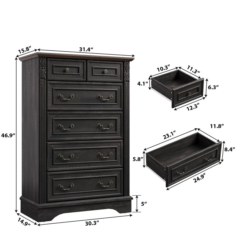 Farmhouse 6-drawer Dresser With Carved Details - Storage Chest For Bedroom, Hallway & Living Room, Black