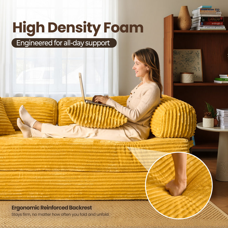 80.5'' Mordern Convertible Sleeper Sofa Corduroy Loveseat Sofa Bed, Foldable Floor Couch, Yellow