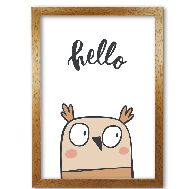 Hello Owl - Painting, Honey Oak Frame, 85 cm H x 60 cm W x 5 cm D